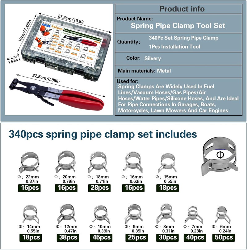 AskWay Spring Pipe Clamps340PCS, With Spring Pipe Clamp Tools, 12 Sizes 6-22mm Spring Hose Clamps, Used To Fix Hose Interfaces In Automotive, Marine, Gardening, Industrial Applications - Image 3